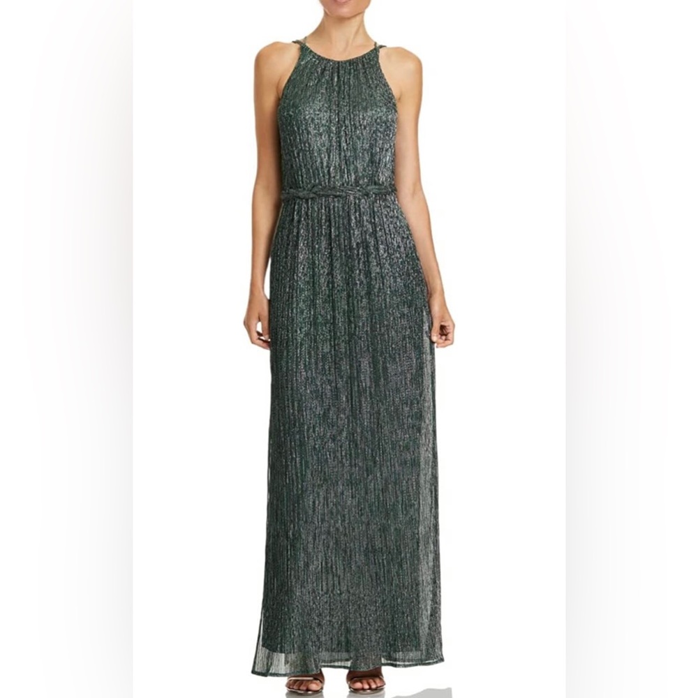 Revolve Dress - Halston Heritage - High Neck Metallic Dress in green